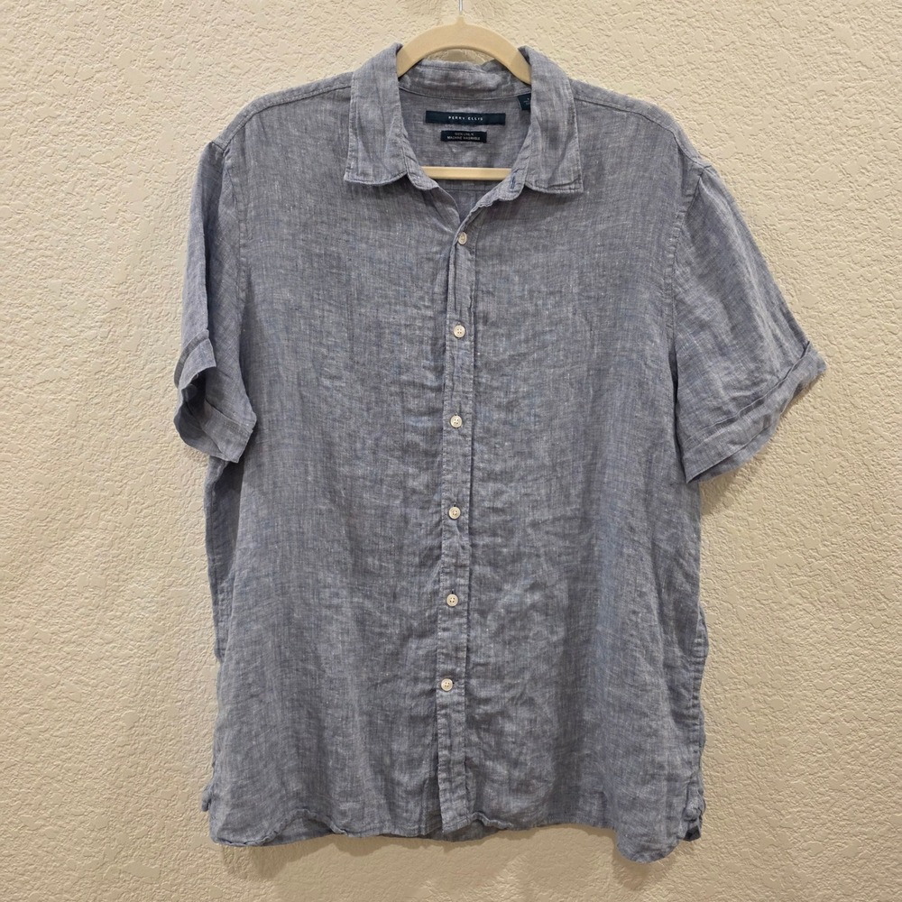 Perry Ellis 100% Linen Button Down Shirt Mens L Light Blue Short Sleeve Summer